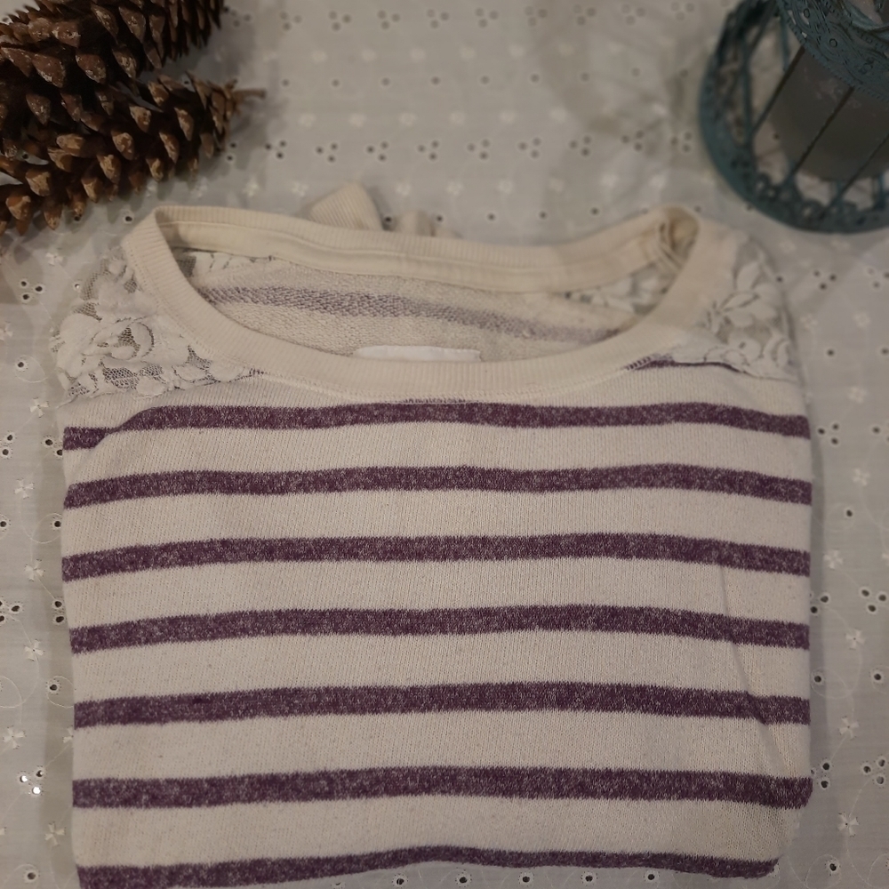 Y2K Aeropostale Cream & Purple Stripe Long Sleeve Crop Sweatshirt Size Large i64